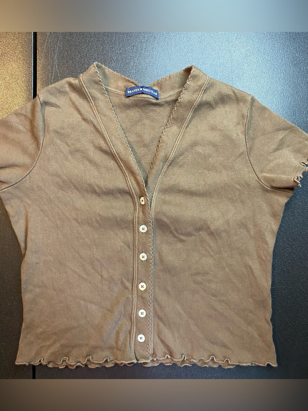Brandy Melville Brown Ribbed Button-Front Lettuce Hem Top